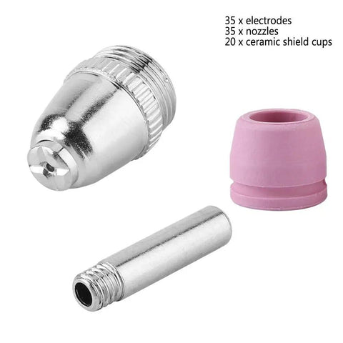 Jiawu Plasma Cutter Consumables Kit With 90 Pieces Featuring 35 Electrodes 35 Nozzles Plus 20 Ceramic Cups assembly parts including nozzles and cups.