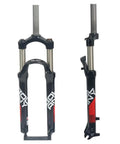 24 Inch Mountain Bike Suspension Fork 28.6mm Straight Tube Aluminum Alloy 100mm Travel Disc Brake Compatible Pneumatic Shock Absorber for 24 Inch MTBs Black, front view.