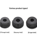 Three types of gears with various holes from Beefy 1.5M Helical Gear Set And Spur Gears For Motors And Transmission Systems.