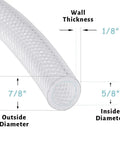 Clear Braided PVC Tubing 5/8 Inch ID By 50 Feet Built To Last Heavy Duty Reinforced Vinyl Hose dimensions diagram.