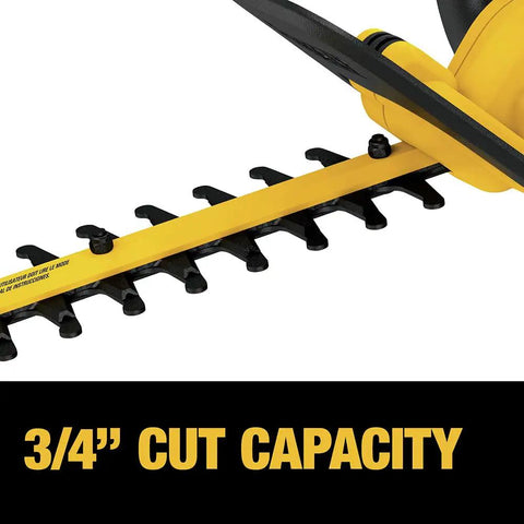 Close-up of Powerful 20V Max Cordless Hedge Trimmer With 22 Inch Laser Cut Blade showing 3/4 inch cut capacity, DCHT820B