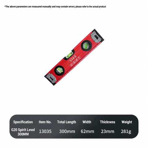 Two piece set.SIKE G20 Spirit Level, Red Aluminum, 24"/12", showing multiple vials for accurate measurements.
