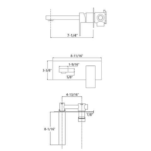 Technical diagram of Brushed Gold Wall Mount Bathroom Faucet With Single Handle Vessel Sink Faucet Includes Brass Rough In Valve