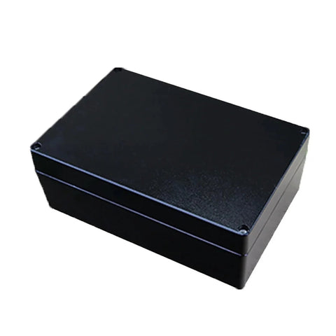 Black metal junction box enclosure, angled front-left view, explosion-proof outdoor housing.