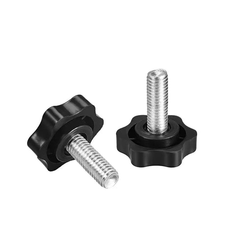 Badass M10 X 25mm Male Thread Clamping Screw Knobs Featuring A Sturdy 38mm Plum Hex Star Grip Handle Built For Rock Solid Shop Builds And Quick Machinery Tweaks Comes As A Dead Reliable Four Piece Pack with black star grips and threaded metal shafts.