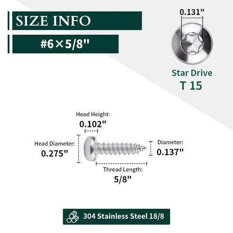 Pro Shop Grade Pan Head Self Tapping Screws With Sharp Torx Drive Points And Full Thread Runouts Forged From Rust Defying 304 Stainless Steel size and dimensions