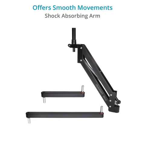 Shock-absorbing Comfort Arm for handheld camera stabilizers, converts to body-mounted system, reduces fatigue for smooth shots.