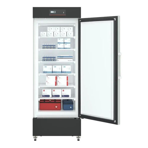 No Sweat Upright Medical Freezer With Twenty Seven Inch Width And Eleven Cubic Feet Storage Space Seven Organized Drawers view with open door.