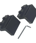 Two Pack Sliding Barn Door Rail Track Limiters With Rubber Covered Roller Stopper For 1.57 Inch Track Width And 0.24 Inch Track Thickness Prevent Door Overtravel On Flat Rail Carbon Steel Stop Device, shown with wrench