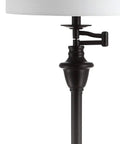 Detail of 60 Inch Oil Rubbed Bronze Floor Lamp With Integrated Glass Side Table Sleek Swing Arm Design For Living Room White Linen Shade