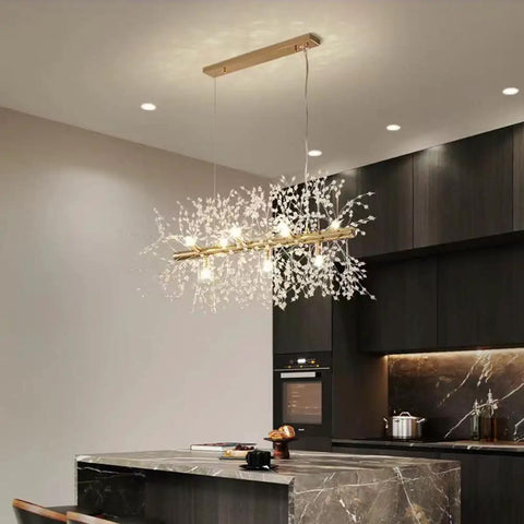 Crystal Bubble Sputnik Chandelier With Dope Firework Lights in modern kitchen setting, 9 Light Gold Long Finish pendant fixture