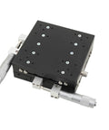 Dead Nuts Accurate Manual XY Axis Linear Stage 125X125mm Aluminum Sliding Table With 0.001mm Min Scale, top view with precision knobs.