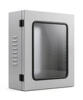 Heavy Duty EV Charger Enclosure With Secure Acrylic Viewing Window And Cylinder Lock 19X24 Inch NEMA 3R outdoor box side view.