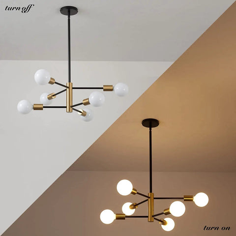 Dope Black And Gold 6 Light Sputnik Chandelier For Dining Room Living Room Kitchen Island And Bedroom Modern Mid Century Ceiling Fixture with lights on and off