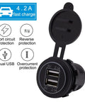 Heavy Duty 12V Usb Adapter With Dual 2.1A Fast Charge Ports And Glowing Blue Led Light Waterproof Plug for charging devices.