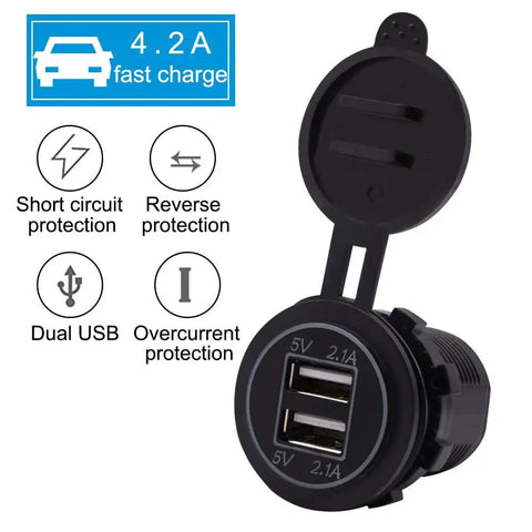 Heavy Duty 12V Usb Adapter With Dual 2.1A Fast Charge Ports And Glowing Blue Led Light Waterproof Plug for charging devices.