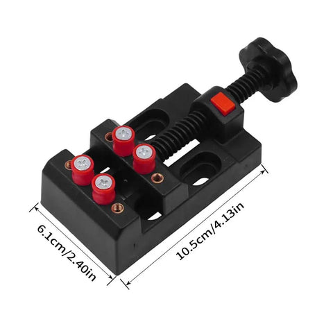 Compact Bench Vise Clamp With Handy Ergonomic Handle And Precision Mechanism, Flat Opening For Watch Repair, Jewelry Making, Sculpture And DIY Projects, Locking System, Small Vise Tool For Crafts And Electronics. Black 10.5cm bench vise with red clamp posts and handle