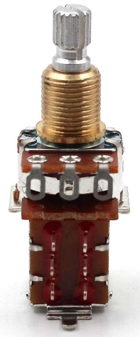 Front view of a 500k guitar potentiometer with short split shaft, brass threaded bushing, brown body and 3 lugs.