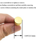 Close-up of a gold Anodized Aluminum Thumb Screw 6-32 Thread with Large Knurled Head, shown with hand for scale, 0.48-inch size.