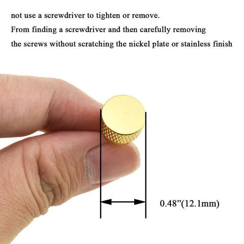 Close-up of a gold Anodized Aluminum Thumb Screw 6-32 Thread with Large Knurled Head, shown with hand for scale, 0.48-inch size.