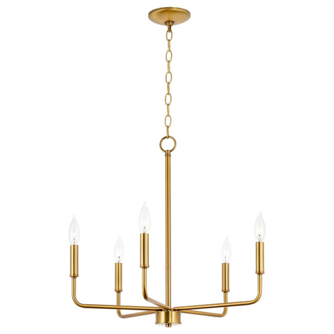 Chic 22 Inch Modern Five Light Gold Chandelier With Candle Style Sockets Open Frame Warm Brass Fixture For Dining Room Or Entryway