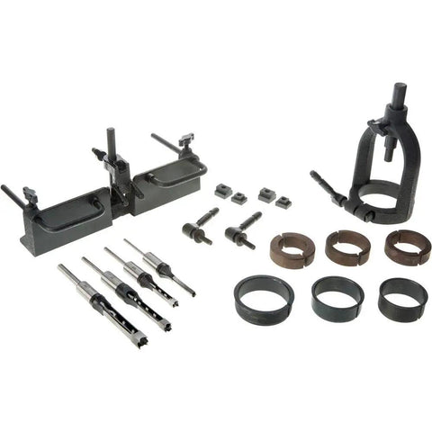 Kickass Mortising Attachment Kit For Standard Drill Presses Featuring Quick Change Guide Bushings And Rugged Cast Iron Chisel Holder Setup for precise woodworking.