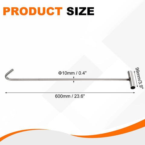 Heavy Duty 23.6 Inch Manhole Hook Workhorse Made From 304 Stainless Steel T Shaped Lid Lifter With Blunt Tip For Lifting And Pulling Storm Drain Covers A Pro Grade Tool For Maintenance And Service Crews, showing dimensions and T-shaped handle.