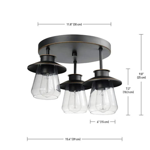 Sedona Modern Farmhouse Pendant With Faux Wood Accents And Clear Glass Shades In Matte Black Finish Bulb Not Included, dimensions shown