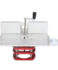 Premium Stainless Steel Router Table Lift System With Precision Insert Base Plate For Flat Out Smooth Adjustment And Knockout Woodworking Trimming Shop Essential Upgrade - top view detail with precise adjustment lever and red base
