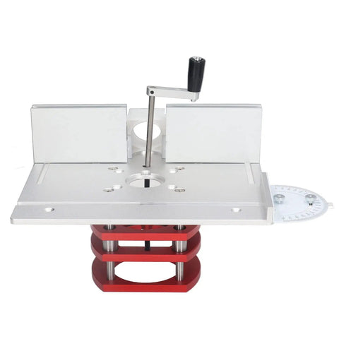 Premium Stainless Steel Router Table Lift System With Precision Insert Base Plate For Flat Out Smooth Adjustment And Knockout Woodworking Trimming Shop Essential Upgrade - top view detail with precise adjustment lever and red base