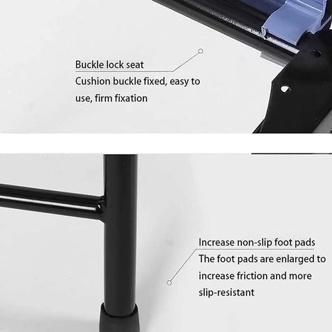 Heavy Duty Steel Frame Folding Commode Chair For Seniors And Mobility Challenges No Sweat Snap Assembly showing buckle lock seat and non-slip foot pads.