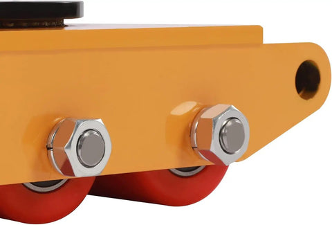Close-up of heavy duty machinery skates built tough for seamless warehouse equipment transport, featuring 360-degree rollers.