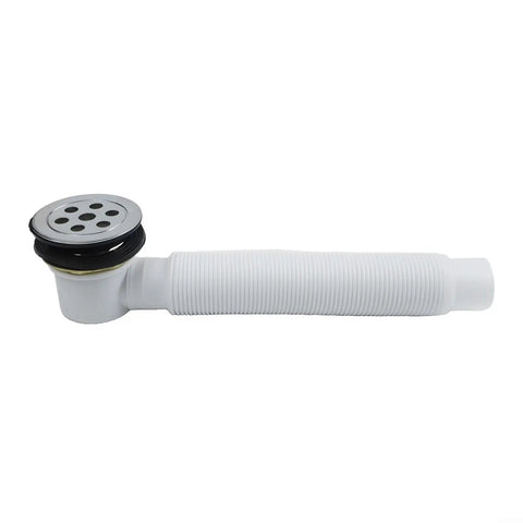 7-Hole Bathtub Drain Pipe Zinc Alloy ABS White(Drainer + Pipe) with silver top and flexible white pipe design.