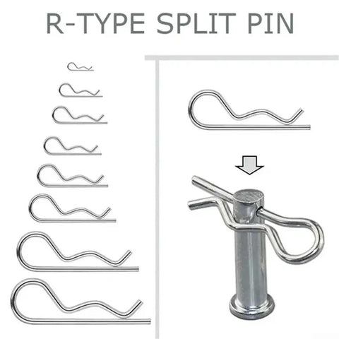 Heavy Duty Pro Grade R Type Cotter Pin Kit With Six Sizes In Galvanized Carbon Steel 100 Piece Set For Tractor And Automotive Repairs Organized Transparent Case For Quick Access And Strong Secure Fittings. R-type split pins in six sizes with pin-on-shaft use