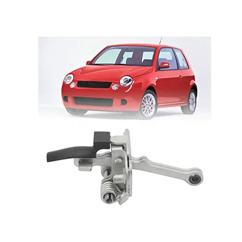VW Lupo Front Door Hinge Check Strap Replacement shown with red VW Lupo car in background, metal part with soft close feature