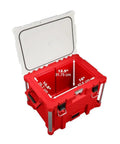 Open red Beefy Milwaukee Packout 40Qt XL Cooler with 12.5x10.5x16 inch dimensions, impact-resistant polymer body, heavy duty tool box.