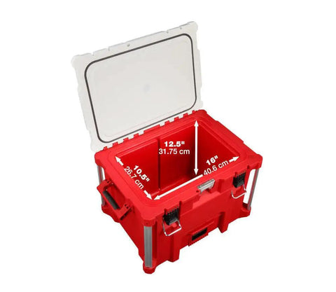 Open red Beefy Milwaukee Packout 40Qt XL Cooler with 12.5x10.5x16 inch dimensions, impact-resistant polymer body, heavy duty tool box.