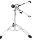 Built Tough Double Layer Cymbal Stand With Adjustable Height And Durable Steel Base Easy Fold Design Gig Ready Drum Hardware That Really Slaps viewed from an angle showing the tripod base and adjustable components.