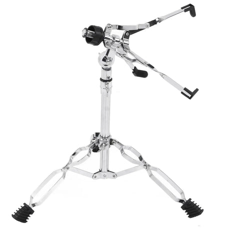 Built Tough Double Layer Cymbal Stand With Adjustable Height And Durable Steel Base Easy Fold Design Gig Ready Drum Hardware That Really Slaps viewed from an angle showing the tripod base and adjustable components.