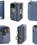 Various models of Fuji Electric FRN series inverters, including FRN-MG and FRN-Multi, showcasing digital displays and controls.