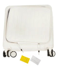 Bottom view of white 16 Inch Underseat Carry On Luggage Hard Shell With Spinner Wheels and front pocket, laid flat