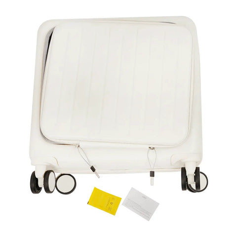 Bottom view of white 16 Inch Underseat Carry On Luggage Hard Shell With Spinner Wheels and front pocket, laid flat