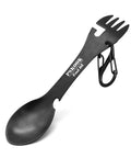 5 In 1 Tactical Spork for Outdoor Adventure Stainless Steel Spoon Fork Knife Can Opener Bottle Opener Combo for Camping Hiking Backpacking Must Have Survival Utensil With Clip Black displayed with S-ring clip.