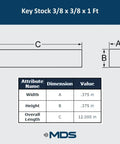 Diagram of Zinc Plated Carbon Steel Key Stock 3/8 Inch by 3/8 Inch by One Foot Flat Bar with dimensions labeled.