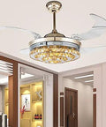 Top Notch Nordic Led Ceiling Fan Light Featuring Silky Smooth Retractable Crystal Blades in modern room with sleek bronze trim.