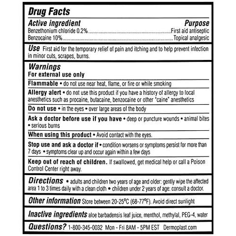 Dermoplast Wound Wipes package front view showing Drug Facts label and usage directions