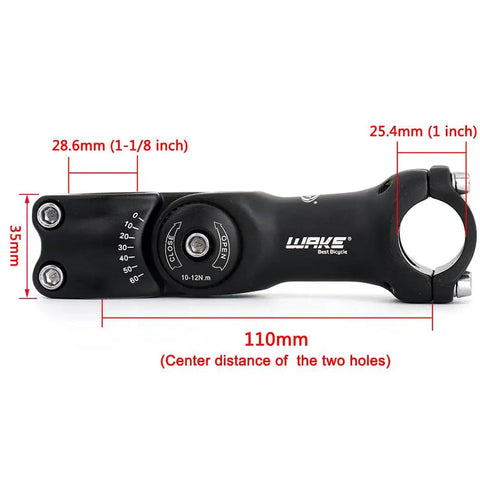 Adjustable 25.4mm Bike Stem 110mm, 0-60 Degree Tilt, CNC 6061 Aluminum MTB Stem showing measurements and tilt adjustment.