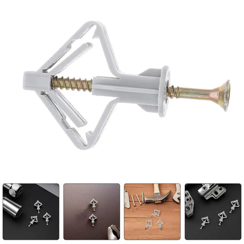 Close-up of a plastic and steel butterfly anchor, part of Beefy Heavy Duty Drywall Anchors Kit With Plastic And Steel Butterfly Anchors 50 Sets Of Screws Easy Install Strong Support For Hanging Frames Curtains Shelves And Other Hollow Wall Projects.