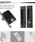 Matte Black Sliding Door Handle For Bath And Barn Doors, Zinc Alloy Flush Handle With Privacy Pocket Door Lock, Durable Zinc Construction, Suitable For Doors One And Three Eighths To One And Three Quarters Inches Thick, shown with screws and installation parts.