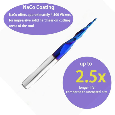 Pro-Grade 6.2 Degree Tapered Ball Nose Upcut CNC Router Bit with NaCO Coating, 1/4 Inch Shank, 1/32 Inch Cutting Diameter.
